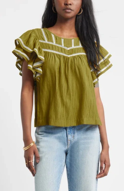 Treasure & Bond Double Ruffle Sleeve Top In Green