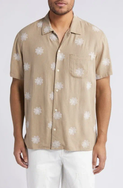 Treasure & Bond Embroidered Camp Shirt In Tan Burrow Lacey Floral