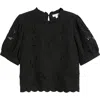 Treasure & Bond Embroidered Cutwork Puff Sleeve Linen Blend Top In Black