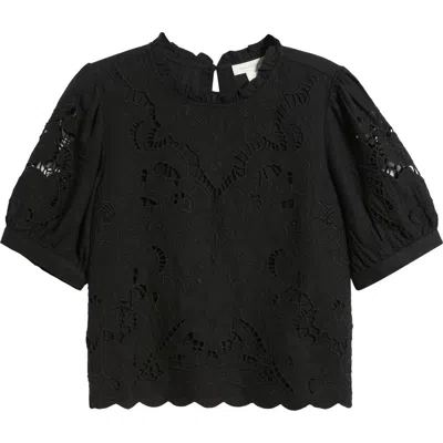 Treasure & Bond Embroidered Cutwork Puff Sleeve Linen Blend Top In Black