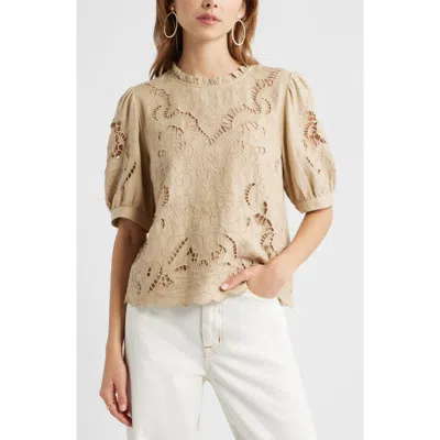 Treasure & Bond Embroidered Cutwork Puff Sleeve Linen Blend Top In Brown