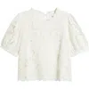 Treasure & Bond Embroidered Cutwork Puff Sleeve Linen Blend Top In Ivory Egret