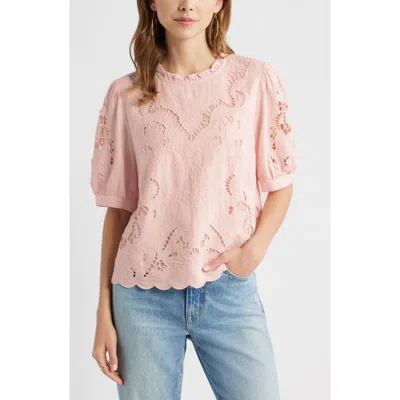 Treasure & Bond Embroidered Cutwork Puff Sleeve Linen Blend Top In Pink