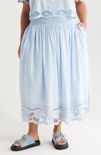 Treasure & Bond Embroidered Eyelet Cotton Smocked Waist Skirt In Blue