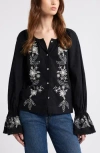Treasure & Bond Embroidered Front Button Top In Black