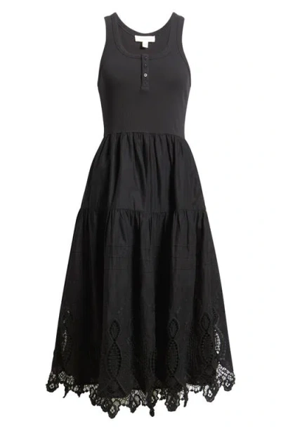 Treasure & Bond Embroidered Mixed Media Henley Tank Dress In Black