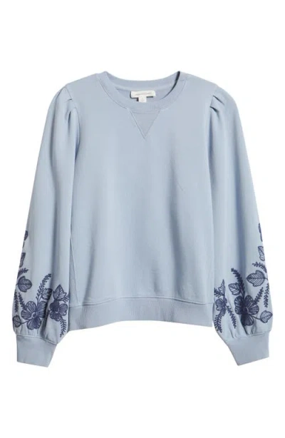 Treasure & Bond Embroidered Sleeve Cotton Sweatshirt In Blue