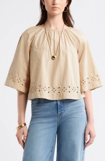 Treasure & Bond Eyelet Embroidered Poplin Swing Top In Neutral