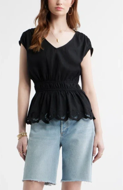 Treasure & Bond Eyelet Hem Peplum Top In Black