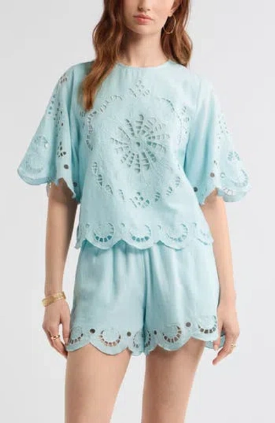 Treasure & Bond Eyelet Linen Blend Top In Blue
