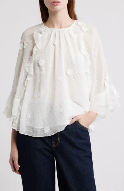 Treasure & Bond Floral Appliqué & Clip Dot Chiffon Top In White