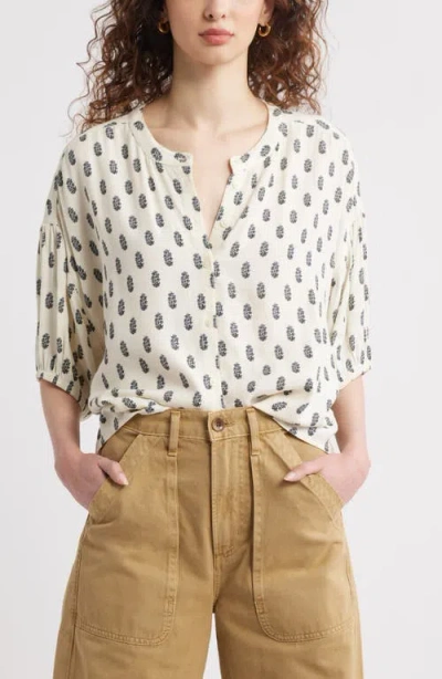 Treasure & Bond Floral Button-up Peasant Top In Ivory- Olive Block Floral