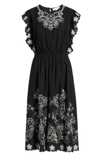 Treasure & Bond Floral Embroidered Flutter Sleeve Midi Dress In Black