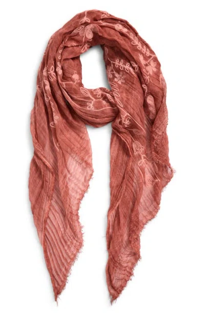 Treasure & Bond Floral Embroidered Gauze Fringe Scarf In Brown