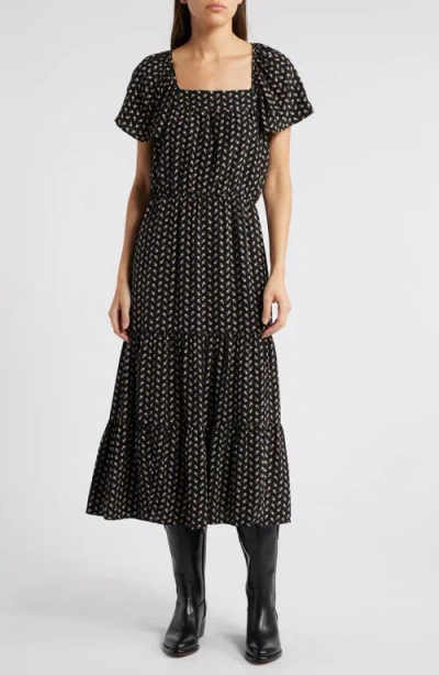 Treasure & Bond Floral Flutter Sleeve Dress In Black- Beige Sades Petals
