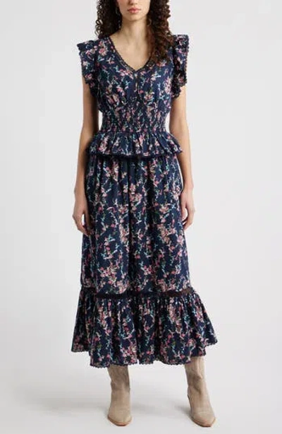 Treasure & Bond Floral Flutter Sleeve Peplum Dress In Blue
