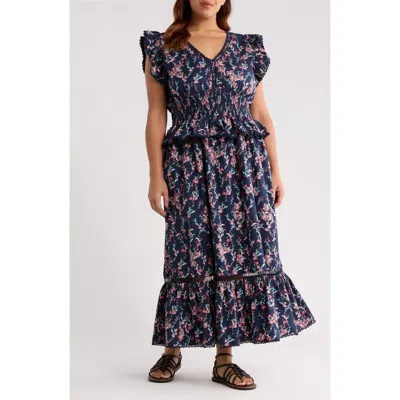Treasure & Bond Floral Flutter Sleeve Peplum Maxi Dress In Blue
