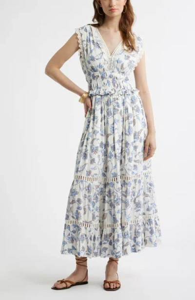 Treasure & Bond Floral Lace Trim Tiered Midi Dress In Multi