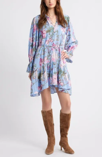 Treasure & Bond Floral Long Sleeve Drop Waist Dress In Blue