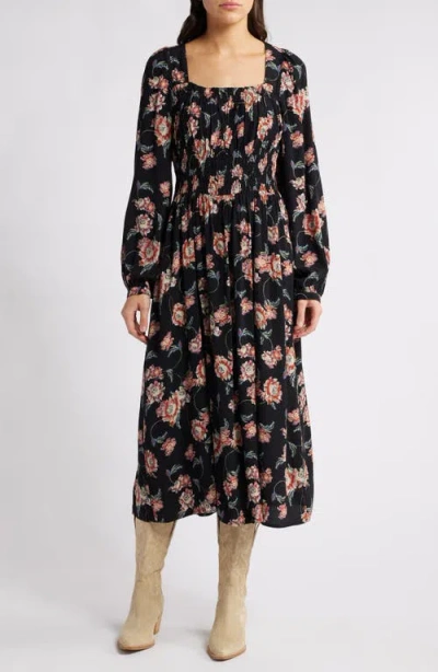 Treasure & Bond Floral Long Sleeve Smock Waist Dress In Black Wander Floral