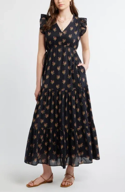 Treasure & Bond Floral Print Cotton Midi Dress In Black