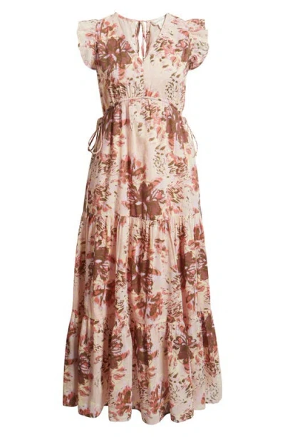 Treasure & Bond Floral Print Cotton Midi Dress In Brown