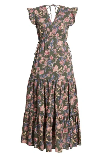 Treasure & Bond Floral Print Cotton Midi Dress In Green