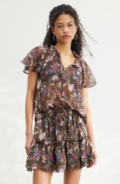 Treasure & Bond Floral Print Embroidered Chiffon Top In Brown