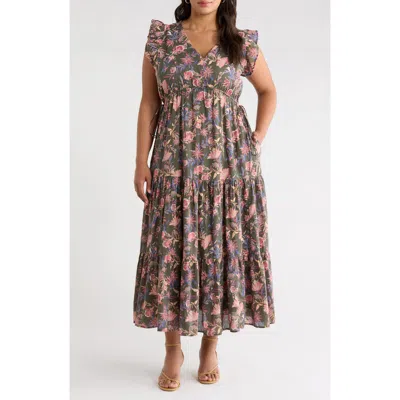 Treasure & Bond Floral Print Flutter Sleeve Maxi Dress In Multi