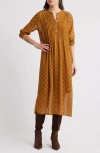 Treasure & Bond Floral Print Long Sleeve Midi Dress In Brown- Navy Sprout Ditsy