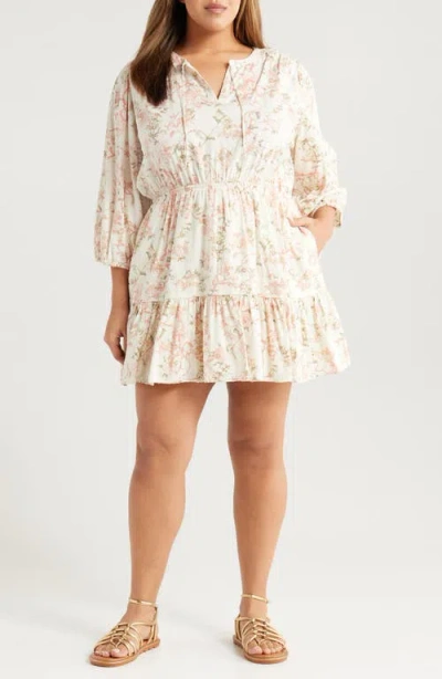 Treasure & Bond Floral Print Ruffle Hem Minidress In Ivory- Coral Trail Blooms