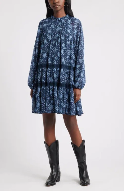 Treasure & Bond Floral Print Ruffle Long Sleeve Dress In Blue