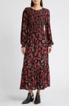 Treasure & Bond Floral Print Smocked Bodice Long Sleeve Dress In Black- Red Botanist