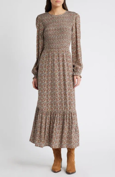 Treasure & Bond Floral Print Smocked Bodice Long Sleeve Dress In Green Halo Vined Medallion