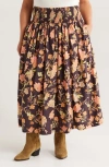 Treasure & Bond Floral Print Smocked Waist Skirt In Brown