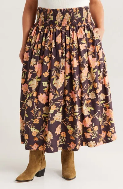 Treasure & Bond Floral Print Smocked Waist Skirt In Brown