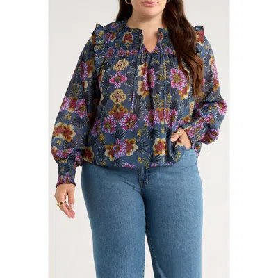 Treasure & Bond Floral Smocked Yoke Popover Top In Blue