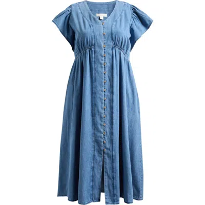 Treasure & Bond Flutter Sleeve Chambray Midi Dress In Blue