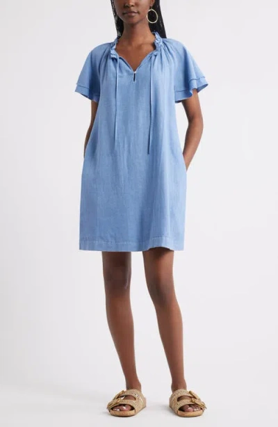 Treasure & Bond Flutter Sleeve Linen Blend Shift Minidress In Blue