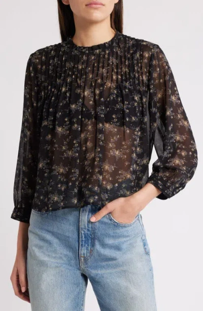 Treasure & Bond High Neck Chiffon Top In Black- Olive Abstract Bouque