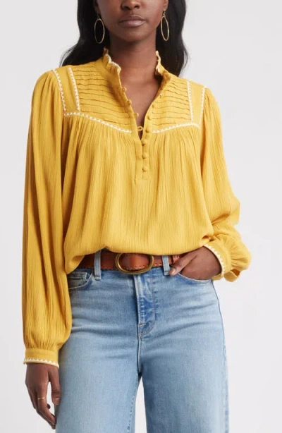 Treasure & Bond High Neck Embroidered Long Sleeve Top In Yellow