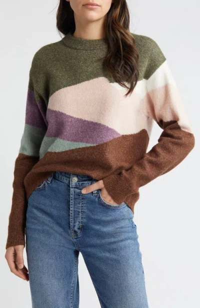 Treasure & Bond Intarsia Colorblock Crewneck Sweater In Olive Kalamata Landscape