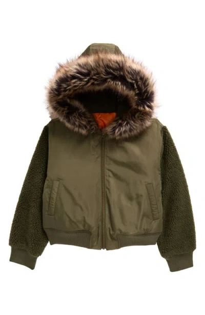 Treasure & Bond Kids' Mixed Media Hooded Bomber Jacket In Olive Sarma