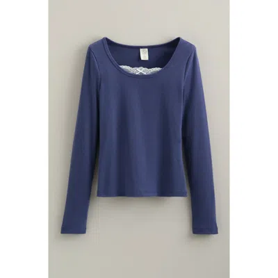 Treasure & Bond Kids' Peekaboo Lace Cotton Blend Rib Top In Blue