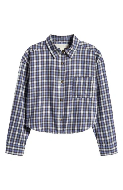 Treasure & Bond Kids' Plaid Cotton Crop Button-up Shirt In Blue Fade Carbonado Plaid