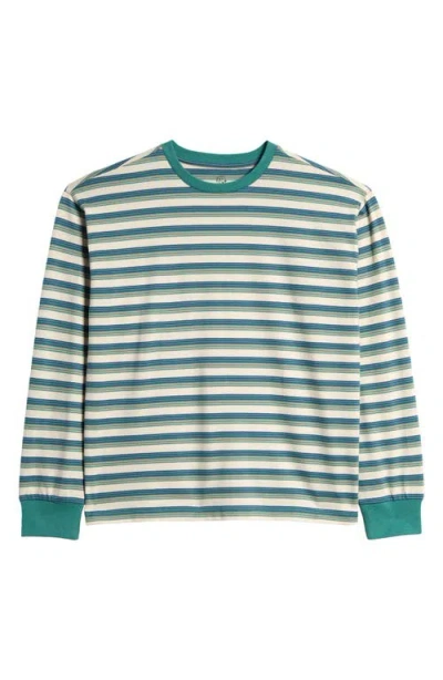 Treasure & Bond Kids' Stripe Long Sleeve Cotton T-shirt In Green Deep Sea Upbeat Stripe