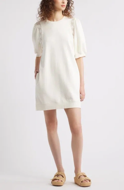 Treasure & Bond Lace Inset Puff Sleeve Cotton Blend Sweatshirt Dress In Ivory Egret