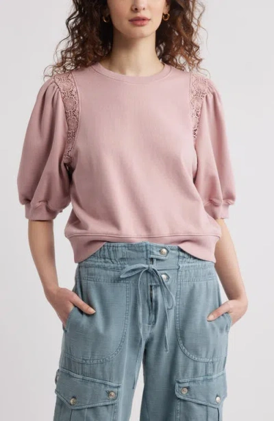 Treasure & Bond Lace Inset Puff Sleeve Crop Sweatshirt In Pink Timber