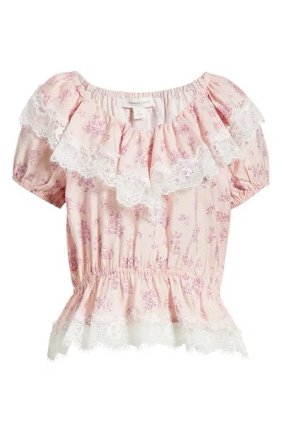 Treasure & Bond Lace Trim Puff Sleeve Peplum Top In Pink