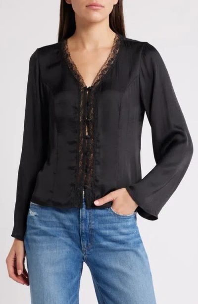 Treasure & Bond Lace Trim Satin Button-up Shirt In Black